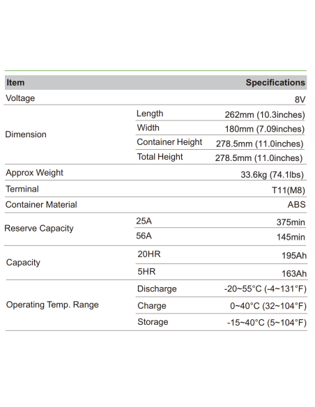 Batterie 8V 195ah Leoch AGM / GEL Carbone LDC8-195